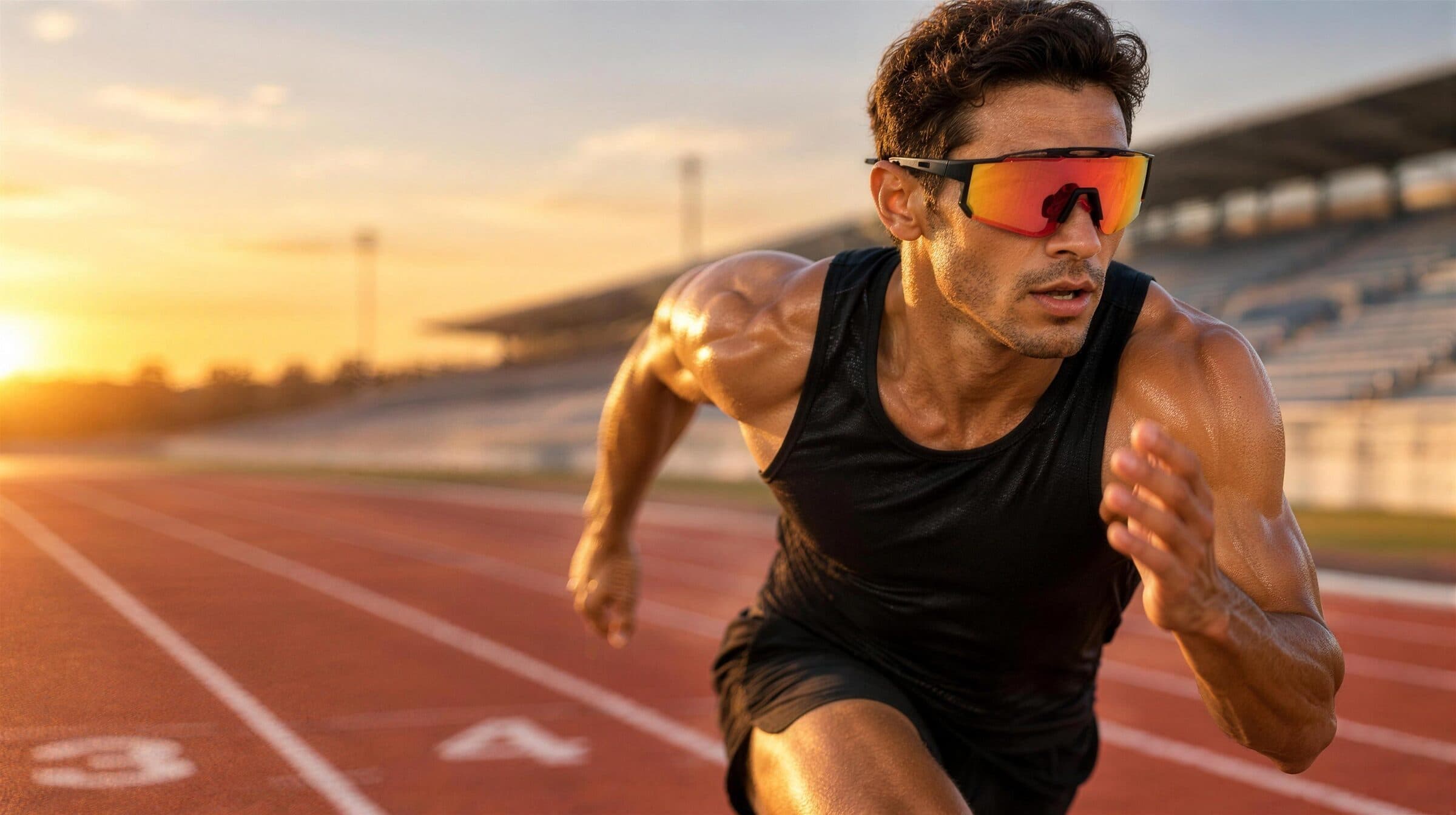 Sprinter on an athletics track wearing RAGGIO SPORT Mugello shield sunglasses